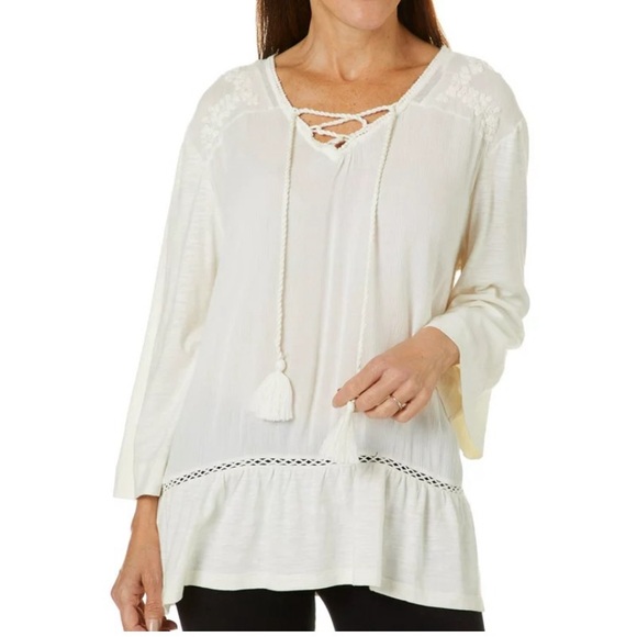 Gloria Vanderbilt Tops - White Boho Tunic Top SZ S Flowy Embroidered Peasant‎ Cottage Core Witchy Fairy